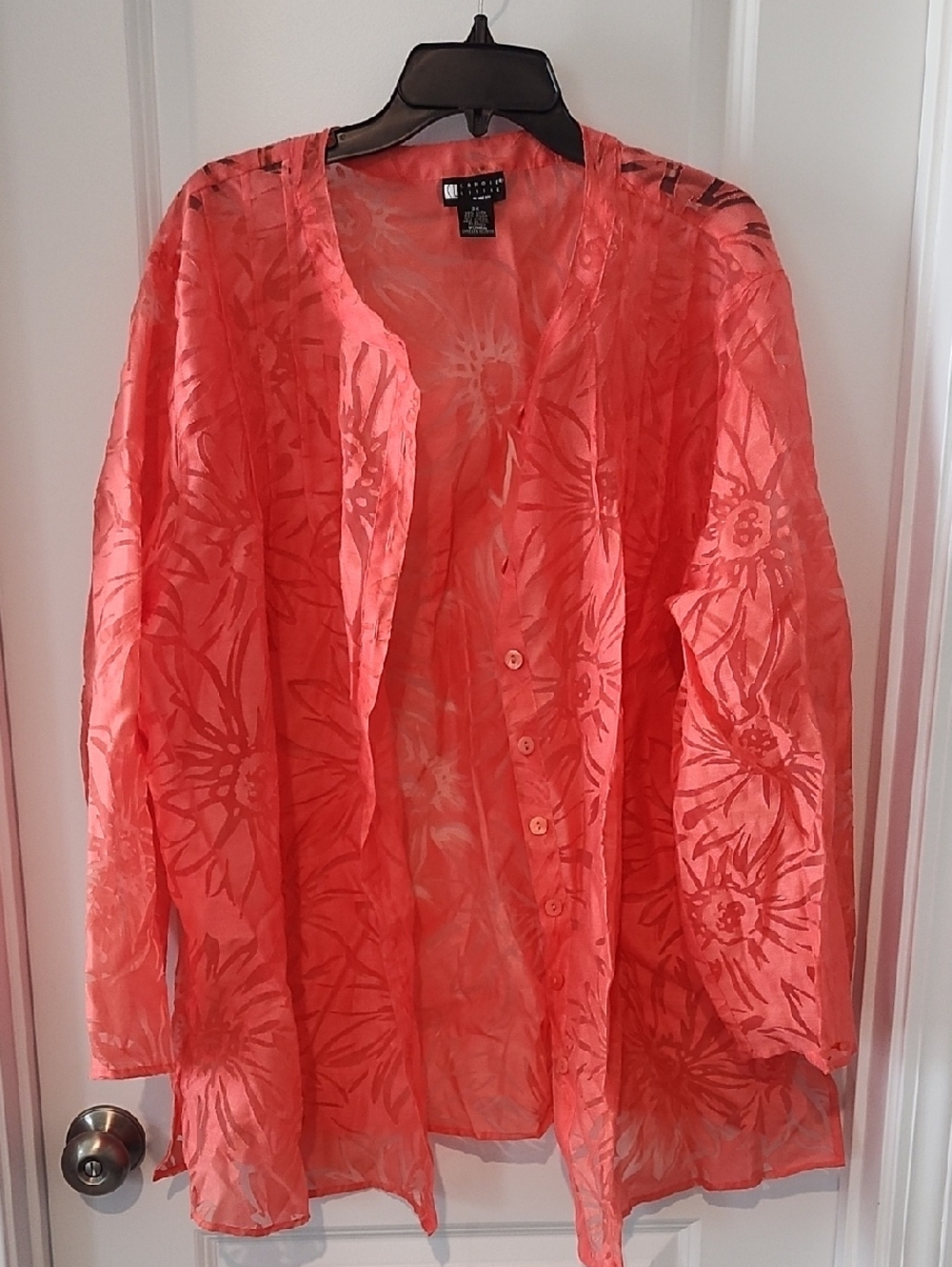 Carole Little Coral Sheer Floral Blouse